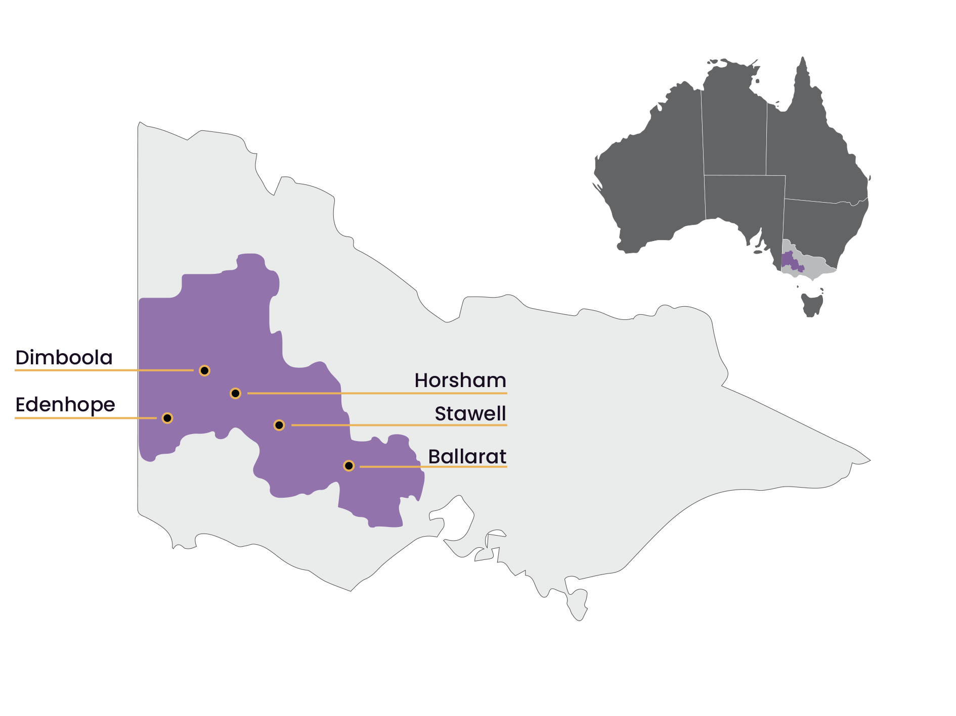 Map showing Grampians Health campuses in relation to Australia