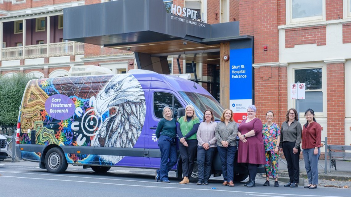 Clinical Trials Bus In Front Of Hospital